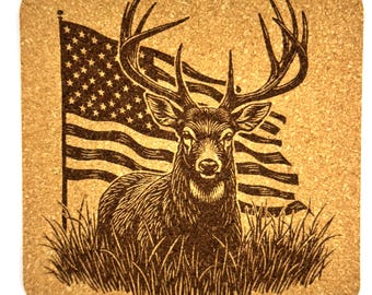 Rustic Deer Cork Coaster with Waving American Flag