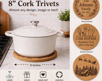Custom or Pre-Designed 8" Cork Trivet – Laser Engraved Round Hot Pad – Personalized Kitchen Gift