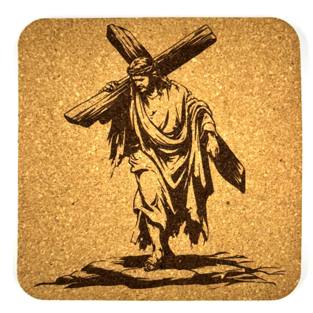 Coaster Carrying Rocksa Jesus Carrying Cross Coaster, Christian Engraved Cork Coaster Faith and ...