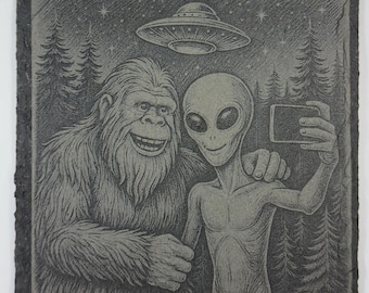Bigfoot and Alien Selfie – Pacific Northwest Slate Coaster