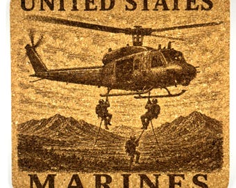 Marine Helicopter Rope Drop Cork Coaster, Air Assault Scene