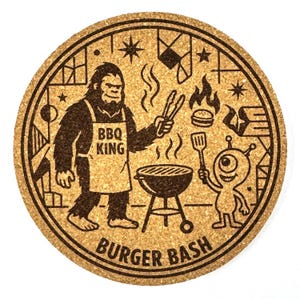 May include: Round cork coaster with a black graphic of a Bigfoot character wearing an apron that says "BBQ KING" grilling burgers with an alien. The text "BURGER BASH" is at the bottom. The coaster has a brown background.