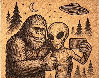 Bigfoot and Alien Selfie – Funny Cork Coaster