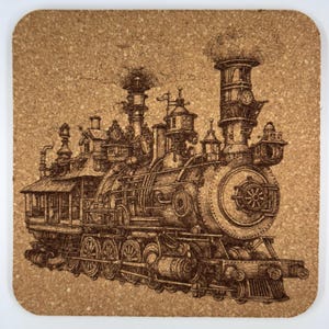 May include: A square cork coaster featuring a detailed illustration of a vintage steam train. The brown train is depicted with intricate mechanical details, including wheels, smokestacks, and a headlight. The coaster has a natural cork background.