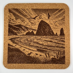 Oregon Coast Haystack Rock Coaster – Engraved Cork Drink Coaster with Coastal Seascape