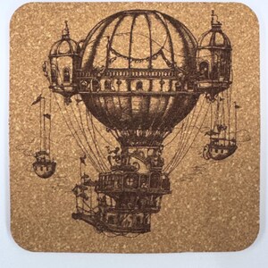 May include: Square cork coaster featuring a detailed sepia-toned illustration of a steampunk airship with multiple gondolas and ornate architectural details. The design includes a large central balloon and hanging gondolas.