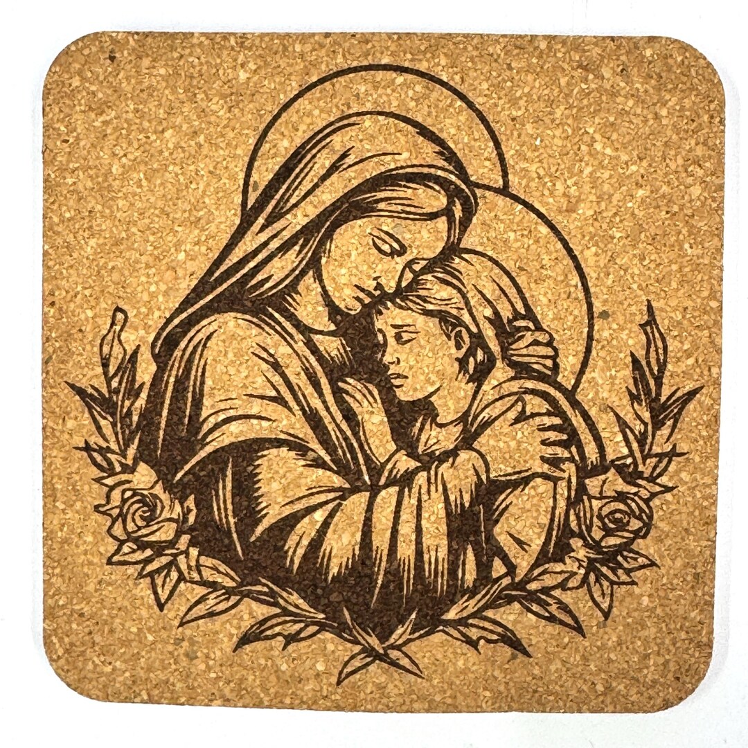 Virgin Mary Holding Child Coaster, Catholic Faith Engraved Cork Coaster ...