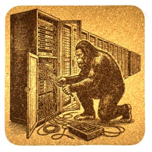 May include: A brown and tan coaster featuring a vintage illustration of a gorilla working on a server rack. The gorilla kneels, holding tools, surrounded by wires and a diagnostic device. The server room extends into the background.