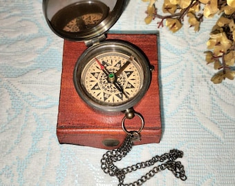 Engraved Brass Compass with Leather Case | Vintage Calendar, Nautical Gift