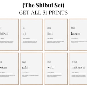 May include: A set of eight framed art prints with Japanese words and definitions. The prints are arranged in two rows of four, each with a white background and a beige frame. The text "(The Shibui Set) GET ALL 51 PRINTS" is at the top.