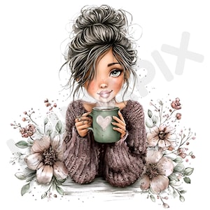 20 Coffee Mom Clipart, Caffeine Lover Mother, Cafe Graphic Art, High-Quality PNGs, Junk Journal, Printable Watercolor, Paper Craft