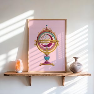 Lámina artística de intrincado astrolabio celestial con anillos dorados y estrellas turquesas, decoración de pared original, arte astronómico vintage, descarga gratuita.