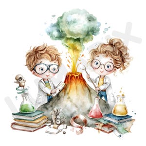 Puede incluir: Ilustración en acuarela de dos jóvenes científicos con un volcán en erupción. Llevan batas de laboratorio y gafas, rodeados de vasos de precipitados, libros y equipo científico. El volcán tiene lava naranja y una nube de humo verde.