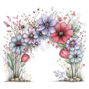 May include: A watercolour illustration of an archway composed of various flowers including large purple, red, and blue blossoms, smaller white and pink buds, and green foliage, all anchored by clusters of small stones at the base on both sides.