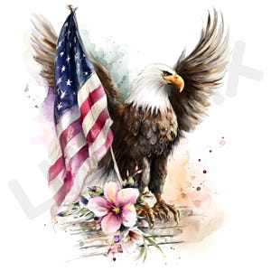 May include: A watercolor illustration of a bald eagle with brown feathers and a white head, wings spread wide, standing next to an American flag. Pink and white flowers are positioned at the base of the eagle, with soft paint splatters in the background.
