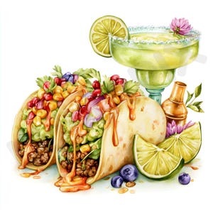 20 immagini clipart di tacos piccanti e margarita, illustrazioni di cucina messicana, acquerelli stampabili, PNG di alta qualità, lavori di cartoleria, junk journal