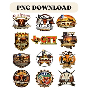 May include: A selection of vibrant logos showcasing a longhorn, oil derricks, and the text "CTT Oil Exploration & Cattle." The logos are in diverse shapes, such as circles, shields, and stars, with the words "PNG DOWNLOAD" at the top.