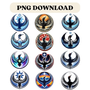 Puede incluir: Una colección de doce diseños circulares con un ave estilizada con las alas extendidas. Cada diseño tiene un fondo único, incluyendo cielos estrellados, puestas de sol y temas patrióticos. El texto "PNG DOWNLOAD" está en la parte superior.
