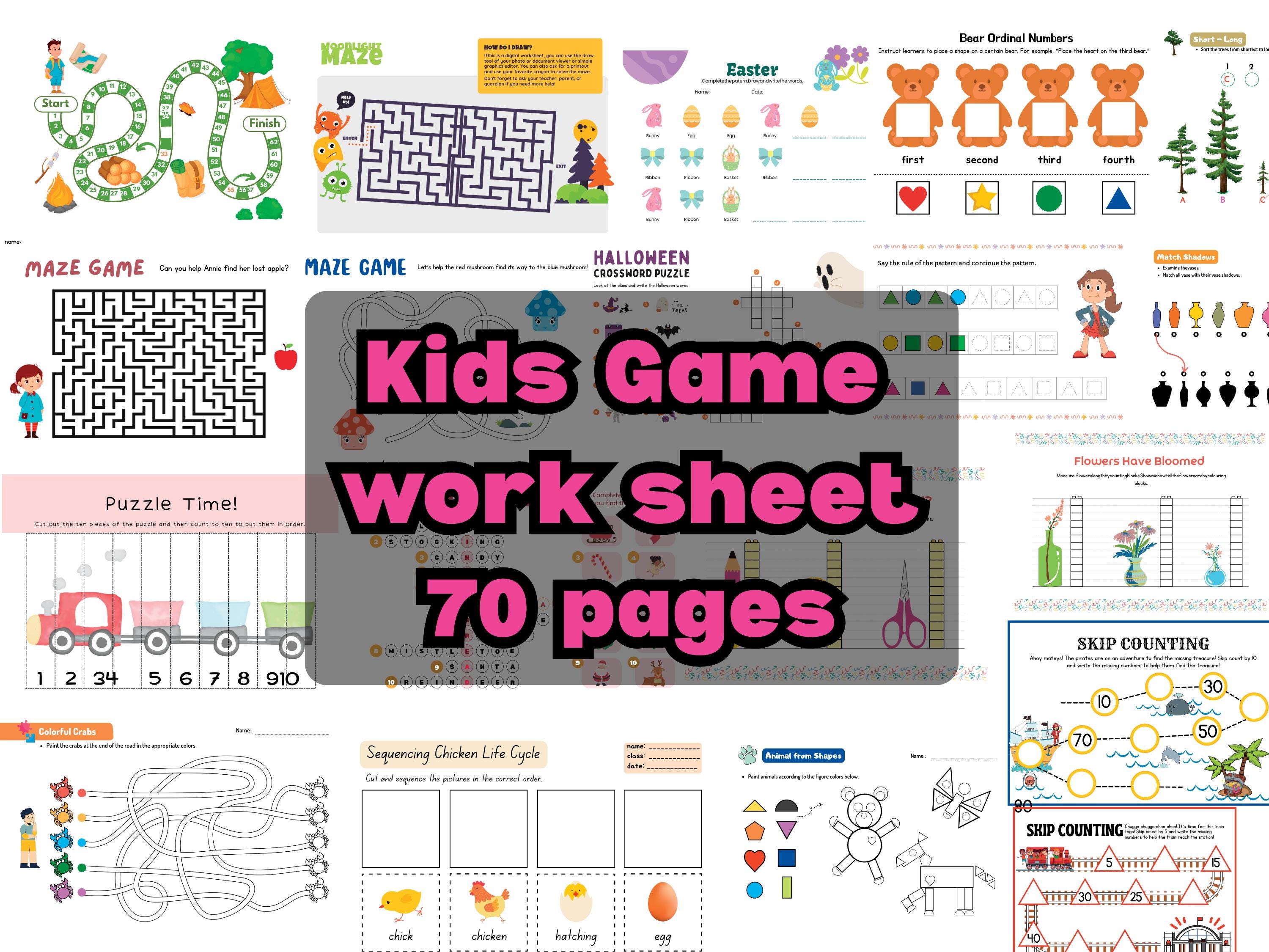 Kids Activity Bundle 60+ Printable Games, Mazes, and WorksheetsPLR,MRR