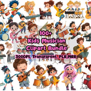 Op de afbeelding: Een kleurrijke illustratie met tal van cartoonkinderen die muziekinstrumenten bespelen. De afbeelding toont gitaren, drums en keyboards. De tekst "100+ Kids Musician Clipart Bundle" is ook aanwezig.
