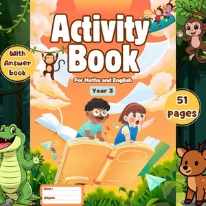 Peut inclure: Un cahier d'activités illustré pour l'année 3, pour les mathématiques et l'anglais. La couverture présente des enfants de dessins animés, un singe et un crocodile. Comprend un livret de réponses et 51 pages. Fond orange avec des éléments de la jungle.