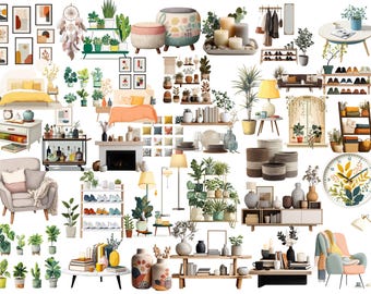 Woondecoratie clipartbundel png, boho Scandinavisch decor, woonkamermeubilair