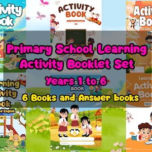 Op de afbeelding: Een set van zes leeractiviteitenboeken en antwoordenboeken voor de basisschool. De covers bevatten kleurrijke illustraties en de tekst "Activity Book" en "Maths and English". De set omvat de jaren 1 tot en met 6.