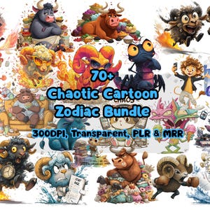 May include: A vibrant collection of cartoon zodiac characters in various poses. The image includes the text "70+ Chaotic Cartoon Zodiac Bundle" with details about the image resolution and licensing.