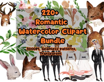 Romantic Watercolor Clipart Bundle, Hand Drawn Florals, Branding Kit, Seamless Patterns (300 DPI)