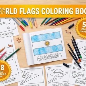 Può includere: Un libro da colorare con le bandiere del mondo composto da 58 pagine in formato PDF stampabile. Il libro mostra vari contorni di bandiere in bianco e nero, tra cui Australia, Bielorussia, Brasile e Argentina, con matite colorate sparse.