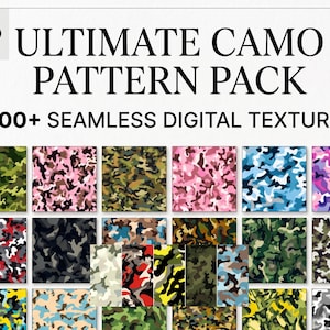 Könnte beinhalten: Eine digitale Sammlung mit dem Titel Ultimate Camo Pattern Pack, die über 400 nahtlose digitale Texturen enthält. Das Bild zeigt ein Raster aus verschiedenen Tarnmustern in diversen Farbpaletten, darunter Grün, Pink, Blau, Rot, Gelb und Graustufen.