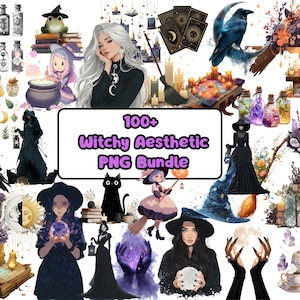 May include: A digital art bundle featuring witchy aesthetic elements. The image includes illustrations of witches, potion bottles, a black cat, a skull, a raven, tarot cards, and other mystical items. Text on the image reads "100+ Witchy Aesthetic PNG Bundle."