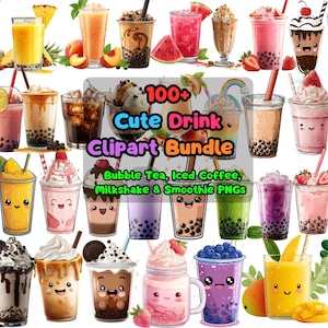 May include: A collection of colorful, cartoon-style drink illustrations, including bubble tea, iced coffee, milkshakes, and smoothies. The image features various fruit-flavored beverages with cute faces, straws, and toppings. Text reads "100+ Cute Drink Clipart Bundle."