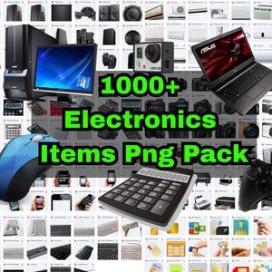 Op de afbeelding: Een collage van verschillende elektronische items, waaronder een desktopcomputer, laptop, camera's, rekenmachines en een gamecontroller. De afbeelding bevat de tekst "1000+ Electronics Items Png Pack."