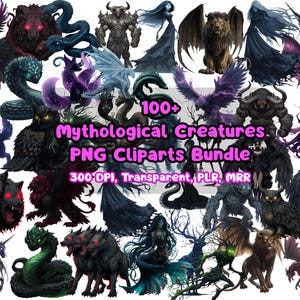May include: A digital bundle of over 100 PNG cliparts featuring mythological creatures. The image showcases a variety of mythical beings, such as a griffin, a winged lion, a three-headed dog, and a unicorn. The text reads "100+ Mythological Creatures PNG Cliparts Bundle".