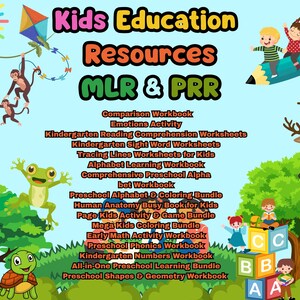 Może przedstawiać: Kolorowa grafika edukacyjna z tekstem "Kids Education Resources MLR & PRR" i listą zasobów edukacyjnych. Obraz zawiera kreskówkowe zwierzęta, dzieci i latawiec, z jasnoniebieskim tłem.