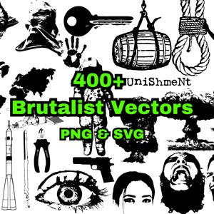 May include: A collection of over 400 black and white brutalist vector graphics in PNG and SVG formats. The image includes illustrations of a key, hand, noose, world maps, a cursor, a rocket, a gun, and more.