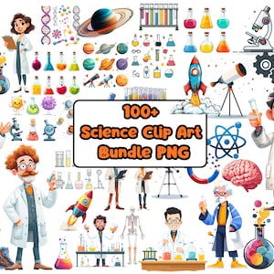 Könnte beinhalten: Eine Sammlung von Cliparts zum Thema Wissenschaft in einem PNG-Bundle. Das Bild zeigt Wissenschaftler, Laborausrüstung, Planeten, Raketen und farbige Becher. Der Text "100+ Science Clip Art Bundle PNG" wird in einer schwarzen Box angezeigt.