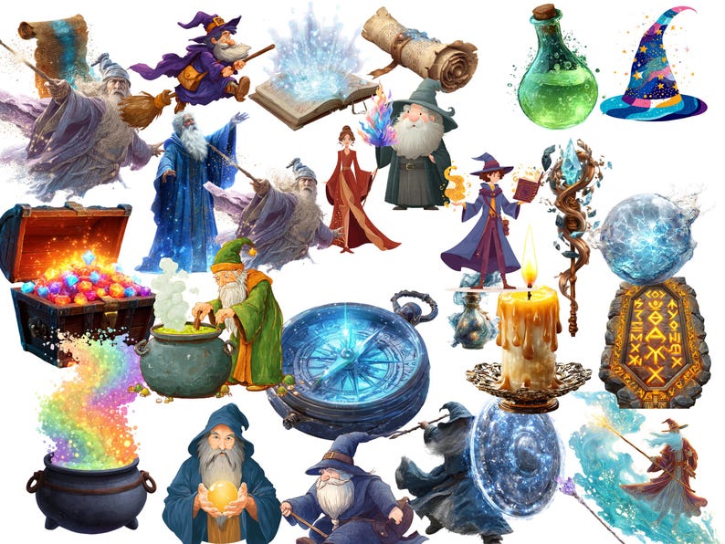 Wizard Clipart Bundle PNG, Magic Fantasy Graphics, Potion, Spell Book ...