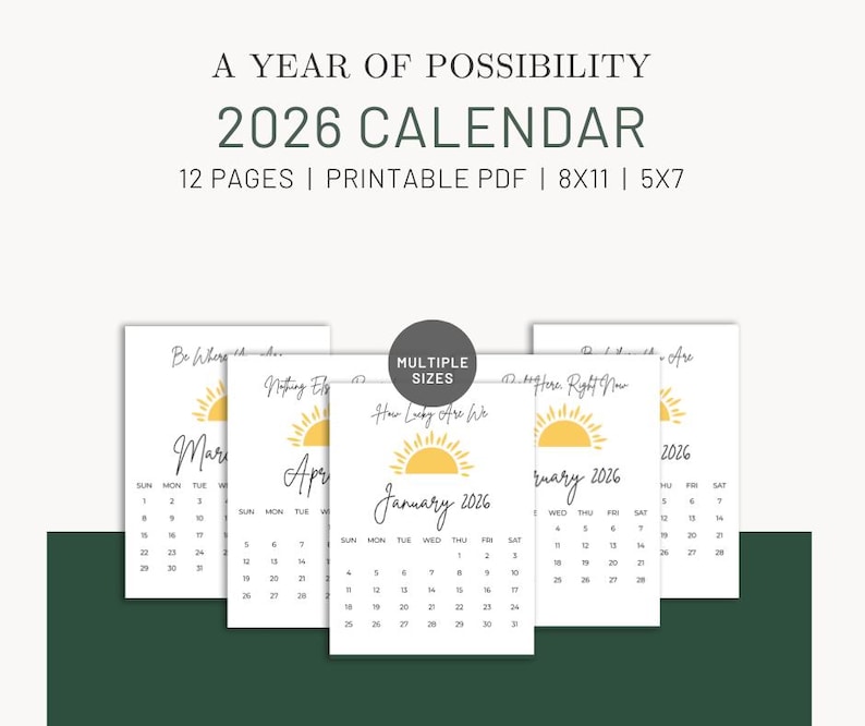 2026 Printable Calendar | A Year of Possibility | Minimal Monthly Wall ...