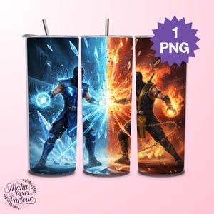 May include: Three stainless steel tumblers with straw lids. Each tumbler features a different character from a video game. One character is in blue with ice, the other in red with fire. The third tumbler has a purple starburst with the text "1 PNG".