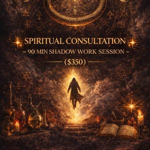 Puede incluir: Imagen artística con temática mística. Presenta un ouroboros dorado, símbolos celestiales y el texto "SPIRITUAL CONSULTATION - 90 MIN SHADOW WORK SESSION". Una figura asciende una escalera de luz, rodeada de elementos esotéricos.