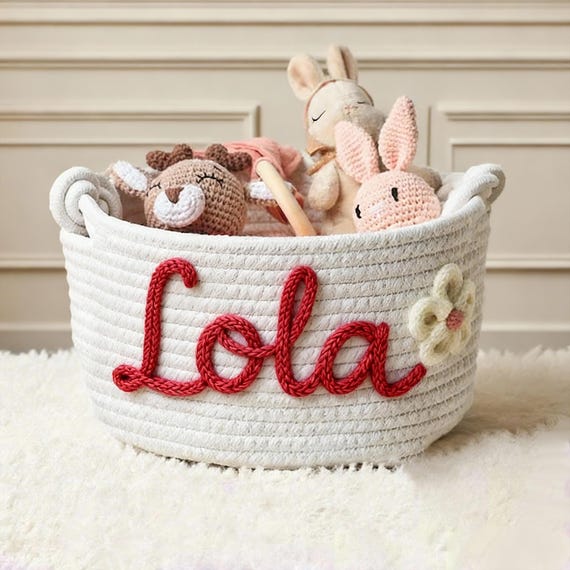 Personalized Woven Basket ,Custom Name Storage Basket for Baby Toys, Nursery Organizer or Pet Toy Bin, Handmade Gift