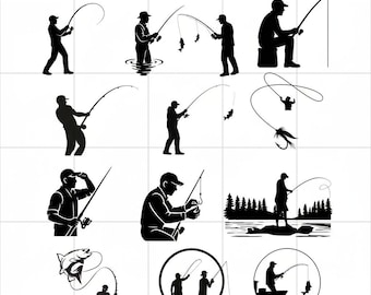 Pesca con mosca SVG / Pescador con mosca capturando peces / Montañas de pesca con mosca / Silueta de pesca / Trucha / Clipart de pesca con mosca / Hombre pescando svg