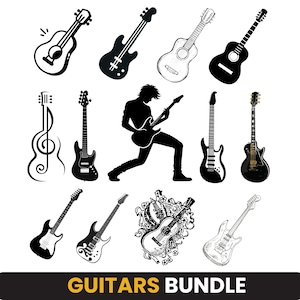 Puede incluir: Una colección de ilustraciones de guitarras en blanco y negro, incluyendo guitarras acústicas, eléctricas y bajos. También se presenta una silueta de una persona tocando la guitarra eléctrica. El texto "Guitars Bundle" está en la parte inferior.