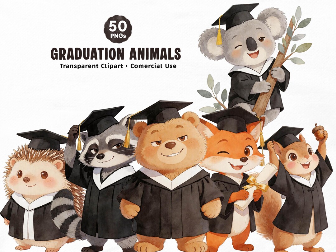 50 Graduation Animals Clipart Bundle, Watercolor Graduations ...