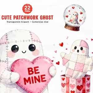Nyckfullt lapptäcke med spöken, akvarell söt spöke clipart-paket, kuslig karaktär PNG (kommersiellt bruk)