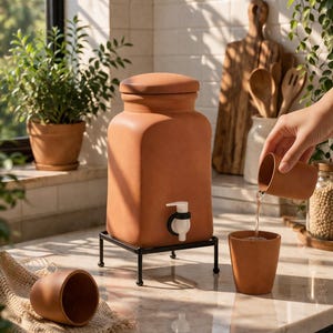 Handgemachter Terrakotta-Getränkespender | Natürlicher Ton Wasserfiltertopf | Rustikales Küchen Dekor | Handgefertigt