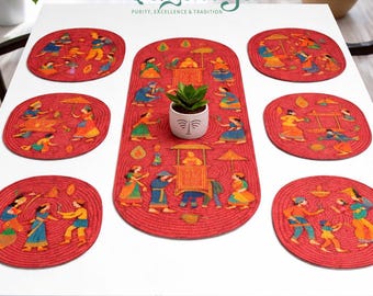 Juego de manteles individuales de yute con tapete de mesa / Estampado tradicional real, decoración ecológica / Tapete de comedor de estilo de vida