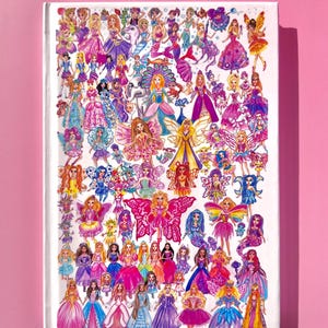 May include: A white canvas print featuring a collage of colorful fairy illustrations. The fairies are depicted in various poses and outfits, with a range of colors including pink, purple, blue, and yellow. The print is set against a pink background.
